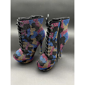 Shiekh Black Rhinestones 6"High Heel 2"Platform Zip Up Ankle Sexy Boot Size 6.5